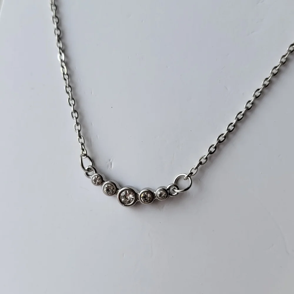 Faux Diamond Necklace Silver Tone Faceted Crystal